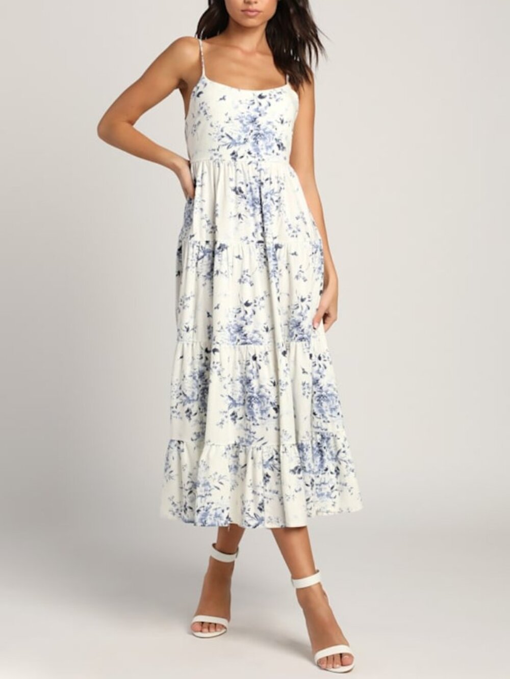 Lulus Mykonos Mood Ivory Floral Print Tie-strap Tiered Midi Dress White - Size S
